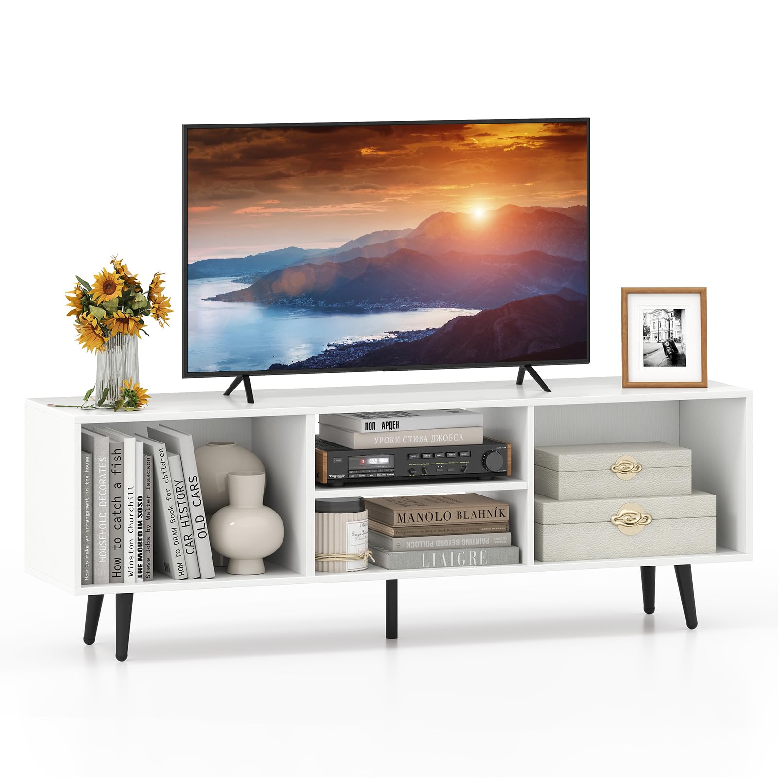 Tangkula White TV Stand for 55-Inch TV 47.5” TV Console Cabinet